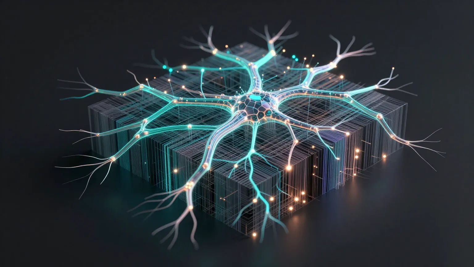 Abstract AI Agents Integration & Implementation illustration — glowing fiber-optic and copper light on dark graphite