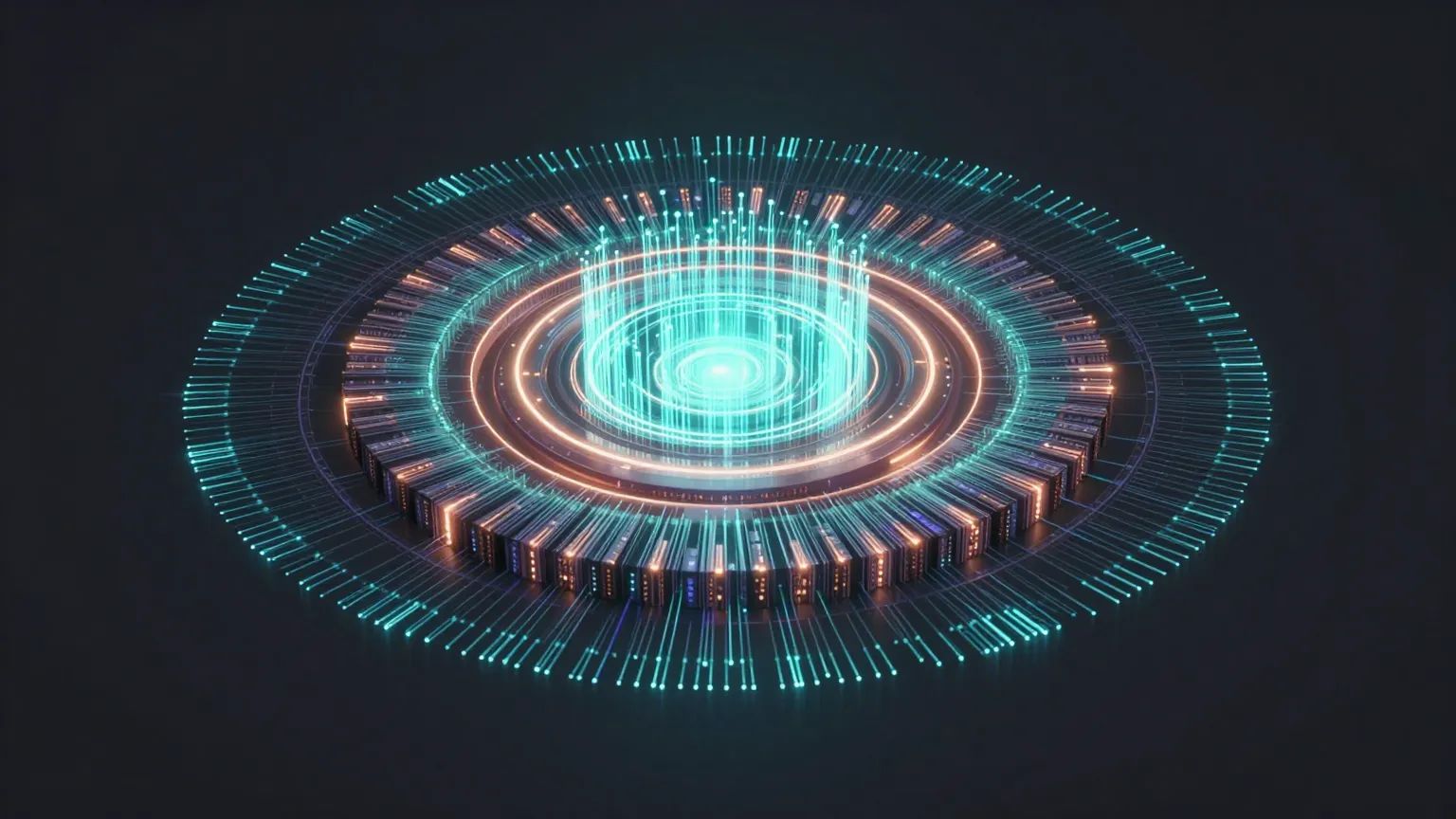 Abstract Backup, Continuity & Disaster Recovery (BCDR) illustration — glowing fiber-optic and copper light on dark graphite