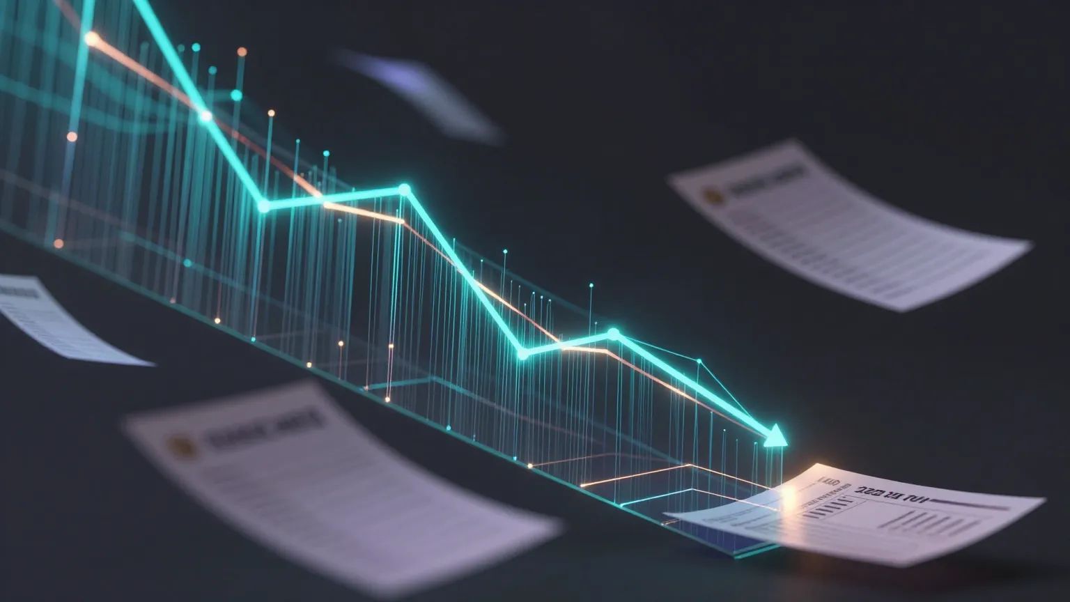Abstract Business Services illustration — glowing fiber-optic and copper light on dark graphite