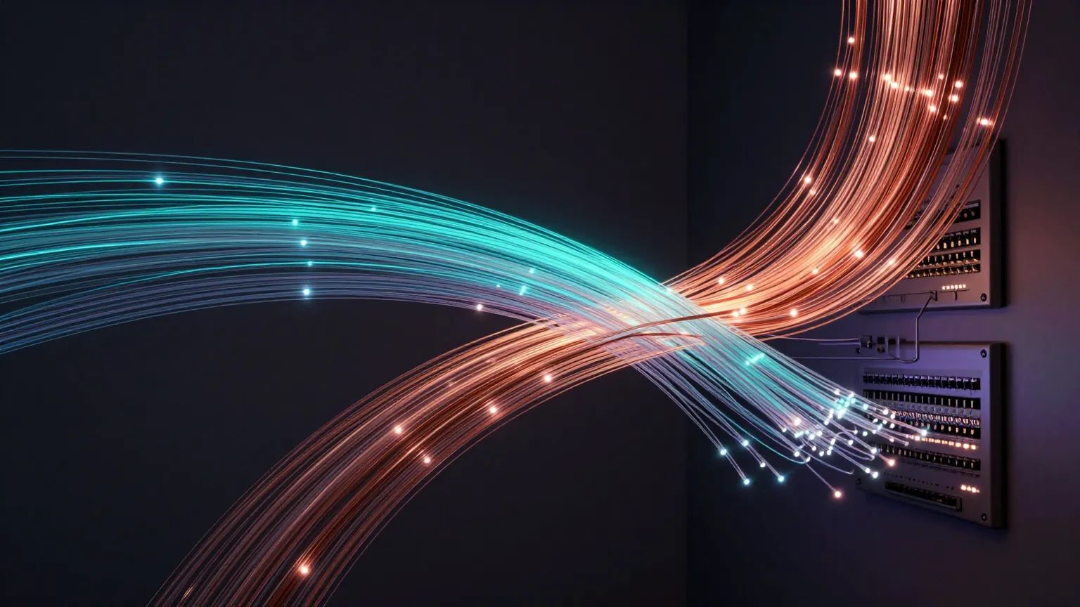 Abstract Structured Cabling illustration — glowing fiber-optic and copper light on dark graphite