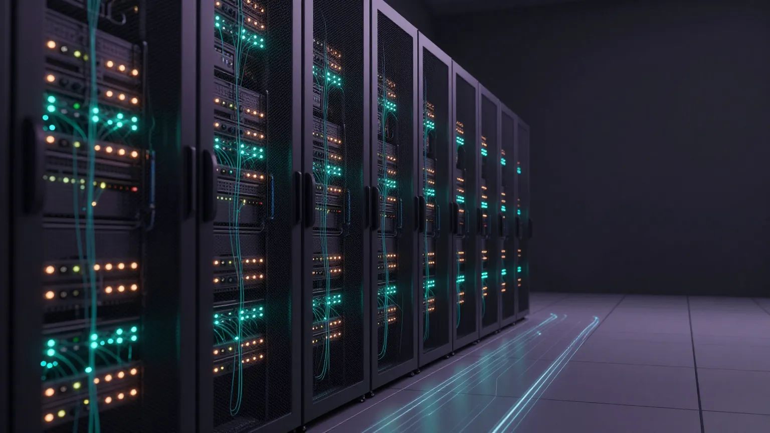 Abstract Data Center & Cloud Solutions illustration — glowing fiber-optic and copper light on dark graphite