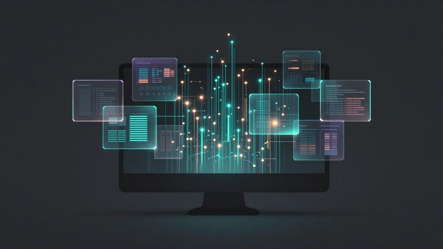 Abstract Desktop Support Services illustration — glowing fiber-optic and copper light on dark graphite