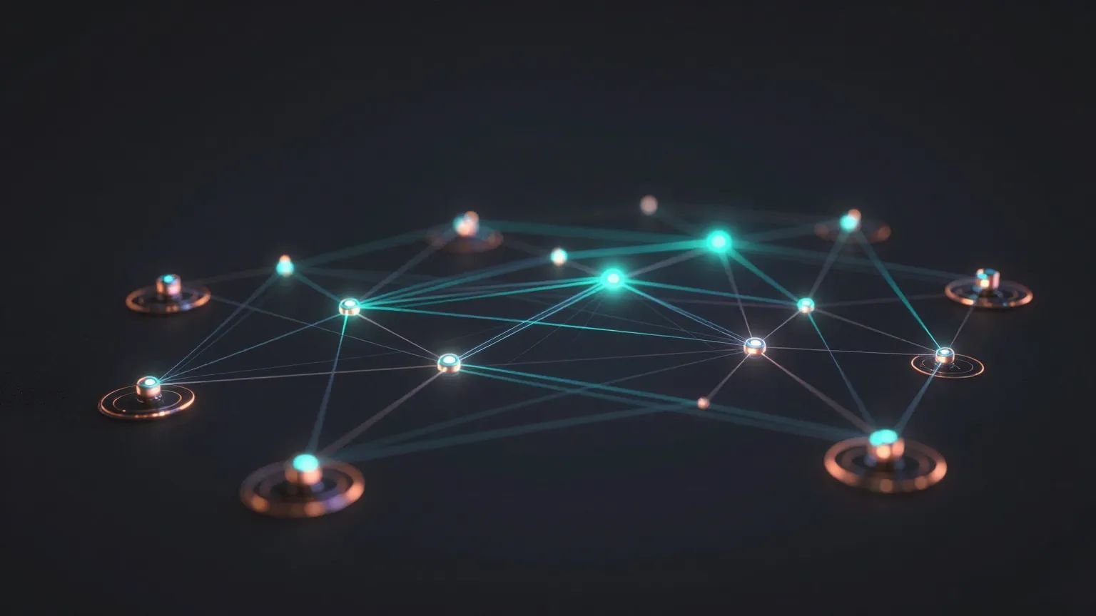 Abstract IoT Integration & Support illustration — glowing fiber-optic and copper light on dark graphite