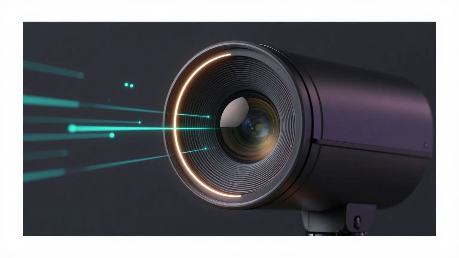 Abstract Surveillance, Security & Access Control illustration — glowing fiber-optic and copper light on dark graphite
