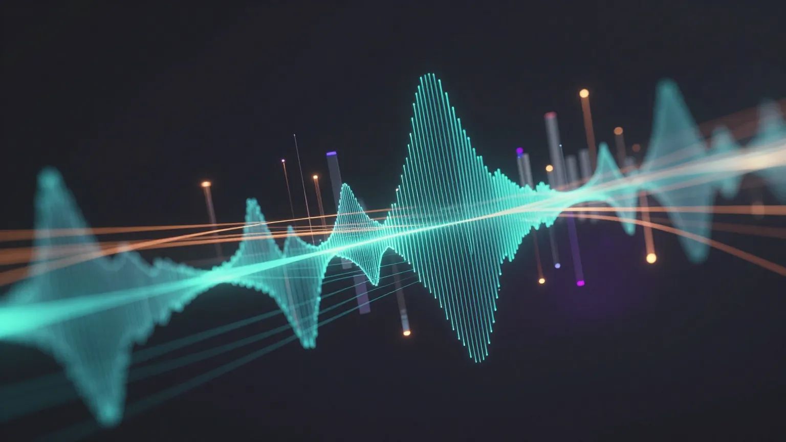 Abstract Telephony & Wireless illustration — glowing fiber-optic and copper light on dark graphite